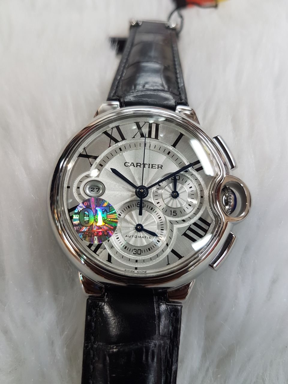Cartier Ballon Bleu Chronograph Black Strap White Dial Swiss ETA Automatic Movement Men's Watch.